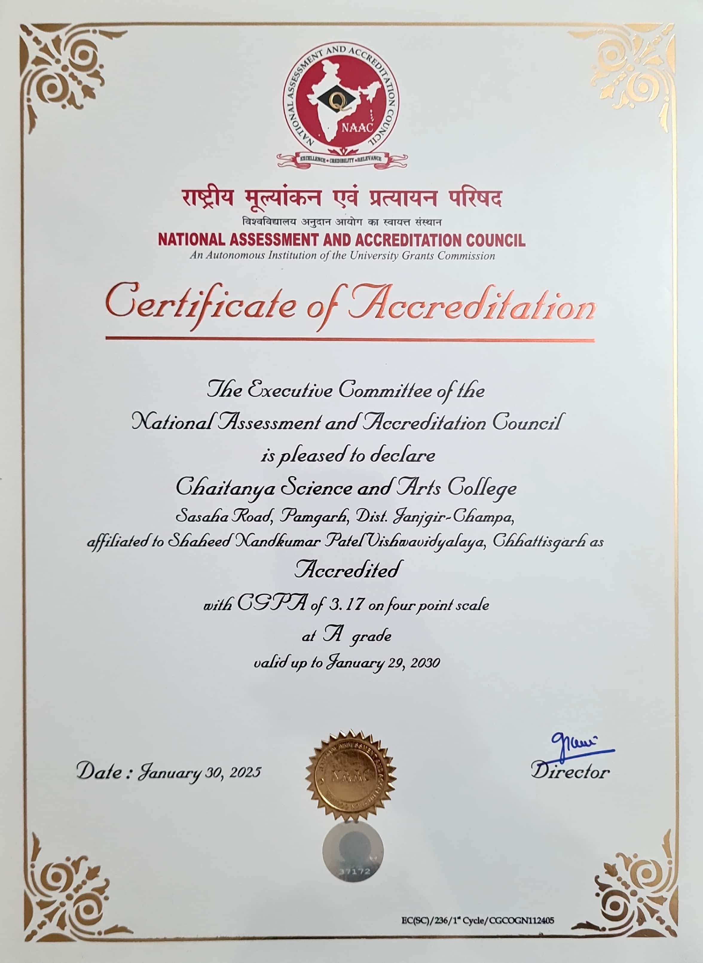 Certificate-NAAC Certificate-Chaitanya Science and Arts College Sasaha Road, Pamgarh, C.G.